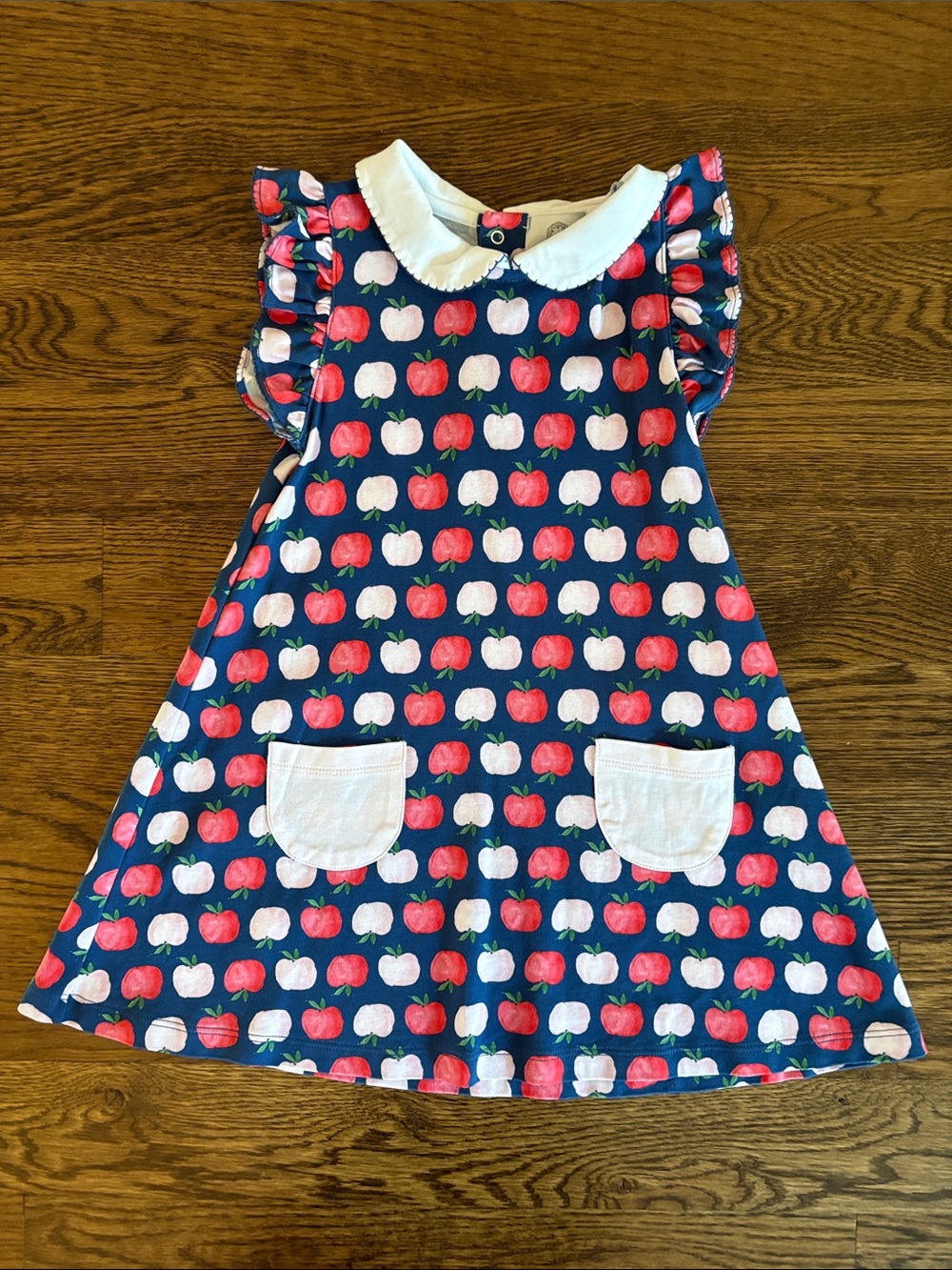 Navy Apple-Print Dress with White Collar for Girls